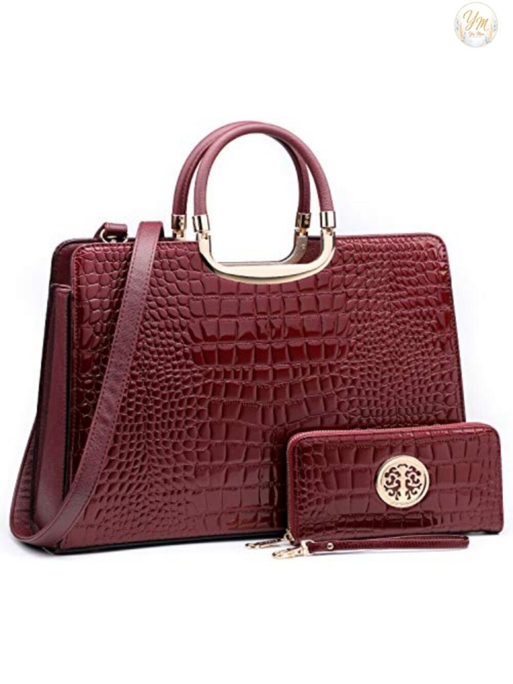 Vegan PU Croco Textured Satchel Purse with Matching Wallet Work Bag Shoulder